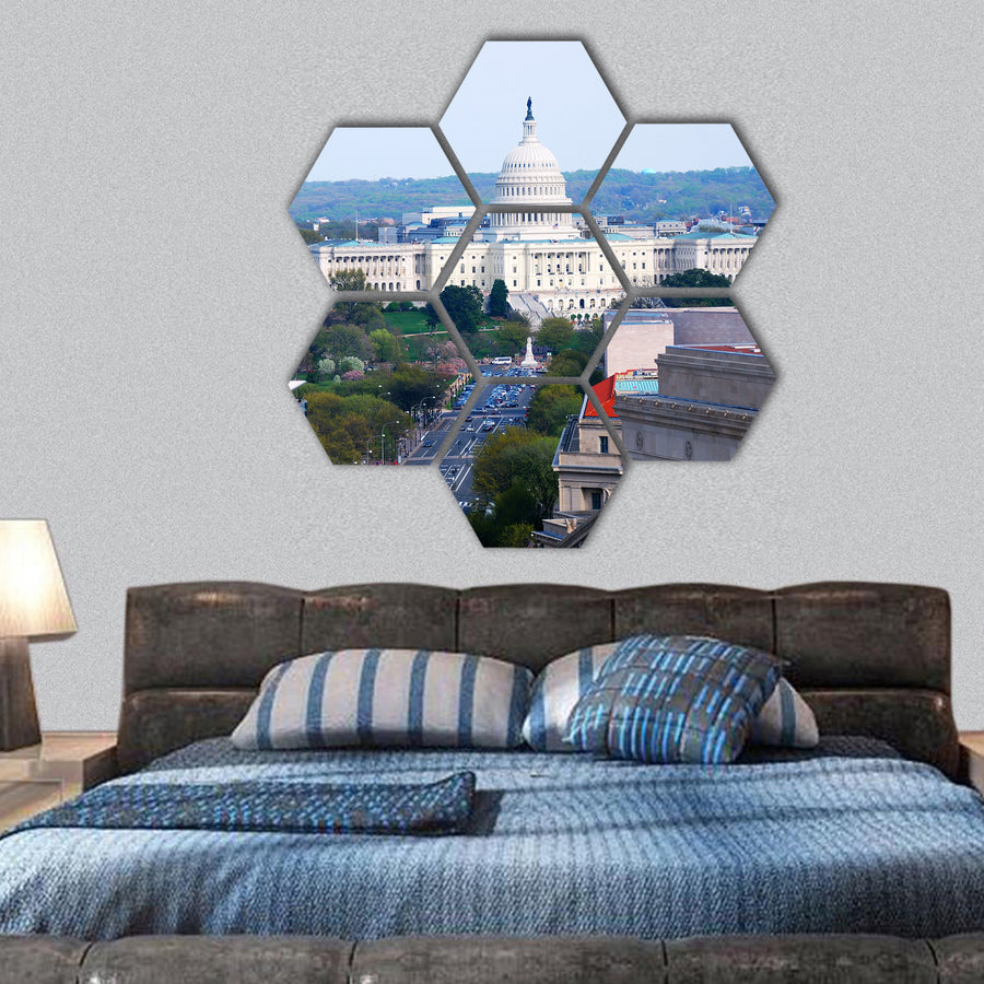 aerial view with capitol hill building and street hexagonal canvas wall art