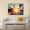 A Fantastic Sunset On A Tropical Beach With Silhouettes, Multi Panel Canvas Wall Art