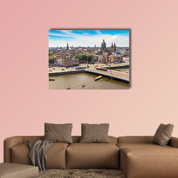 Canal and St. Nicolas Church in Amsterdam multi panel canvas wall art