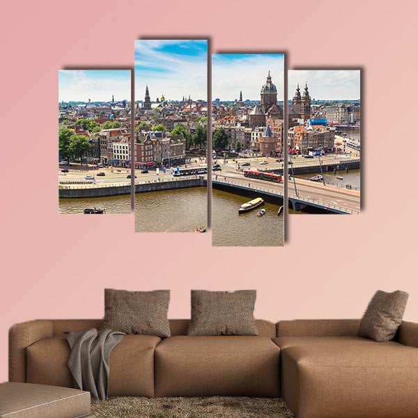 Canal and St. Nicolas Church in Amsterdam multi panel canvas wall art