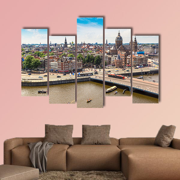 Canal and St. Nicolas Church in Amsterdam multi panel canvas wall art