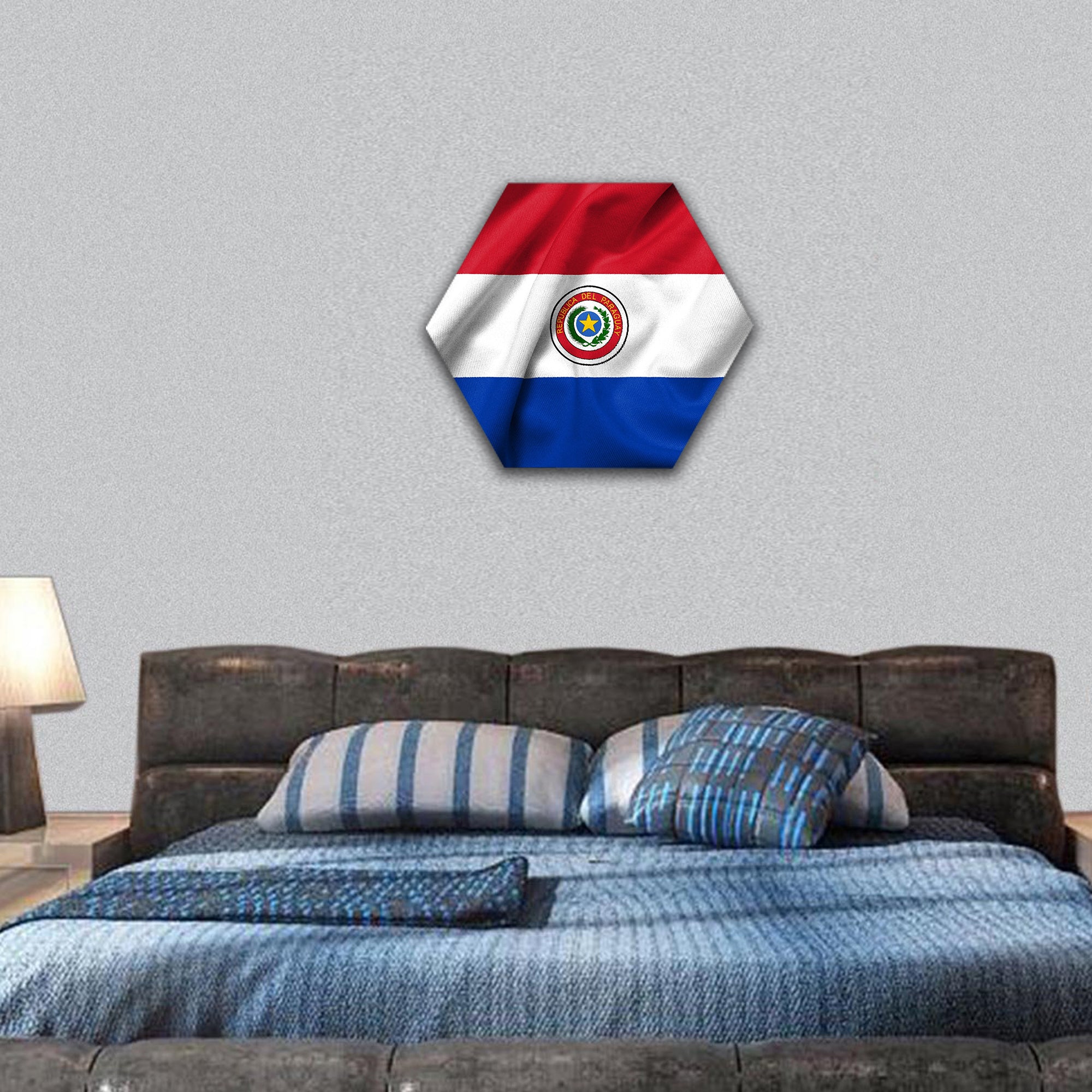Realistic 3D flag of Paraguay with satin fabric texture hexagonal canvas wall art