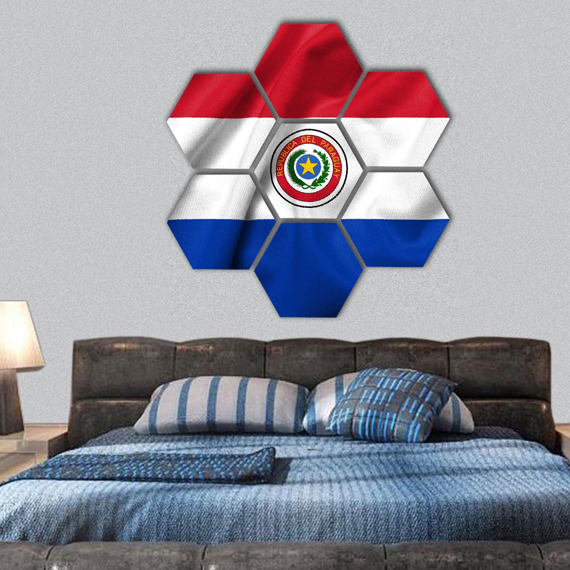 Realistic 3D flag of Paraguay with satin fabric texture hexagonal canvas wall art