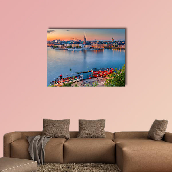 Cityscape image of Stockholm, Sweden during twilight blue wall art