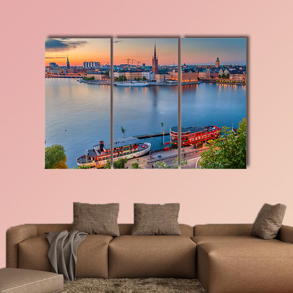 Cityscape image of Stockholm, Sweden during twilight blue wall art