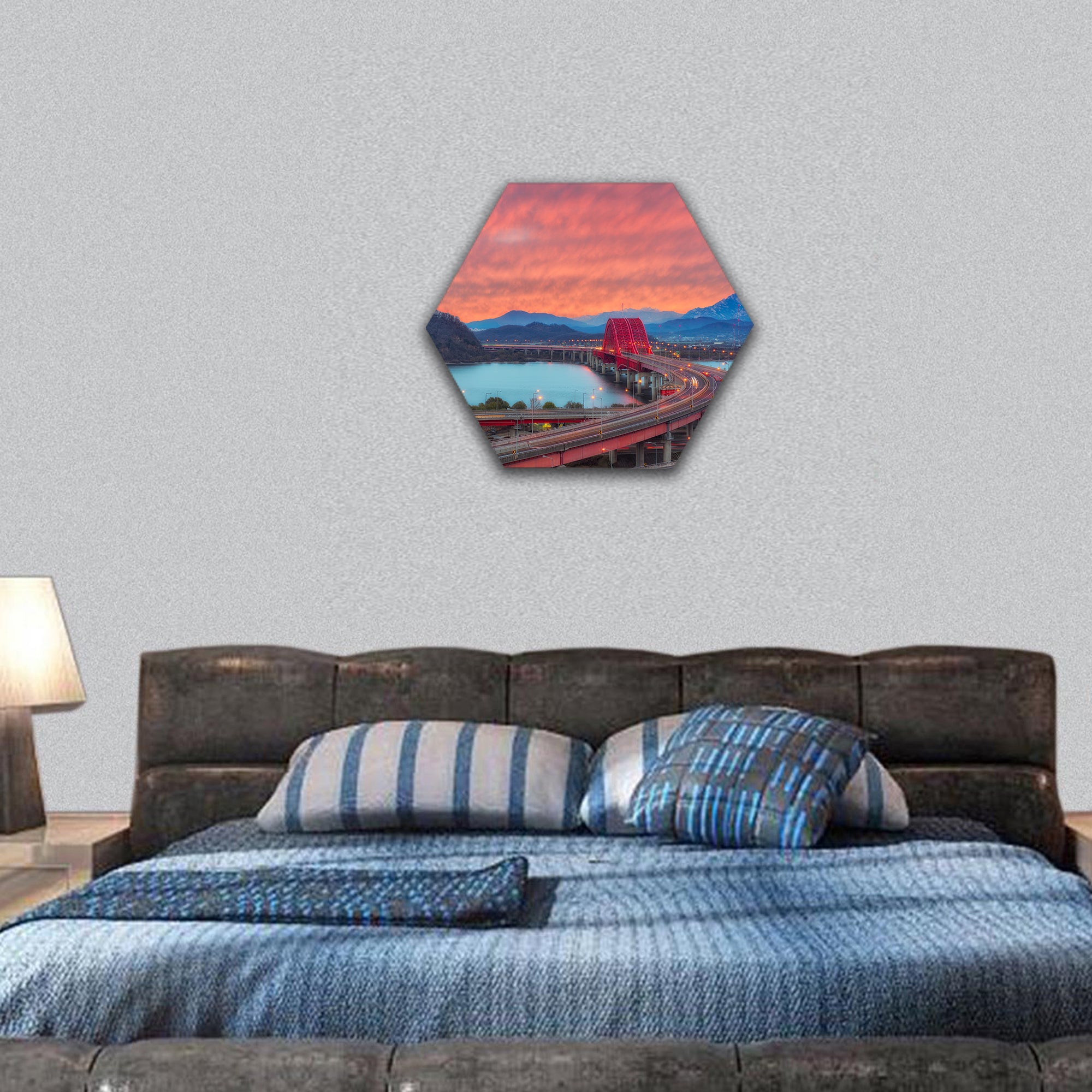 The sun set of Banghwa bridge Korea hexagonal canvas wall art