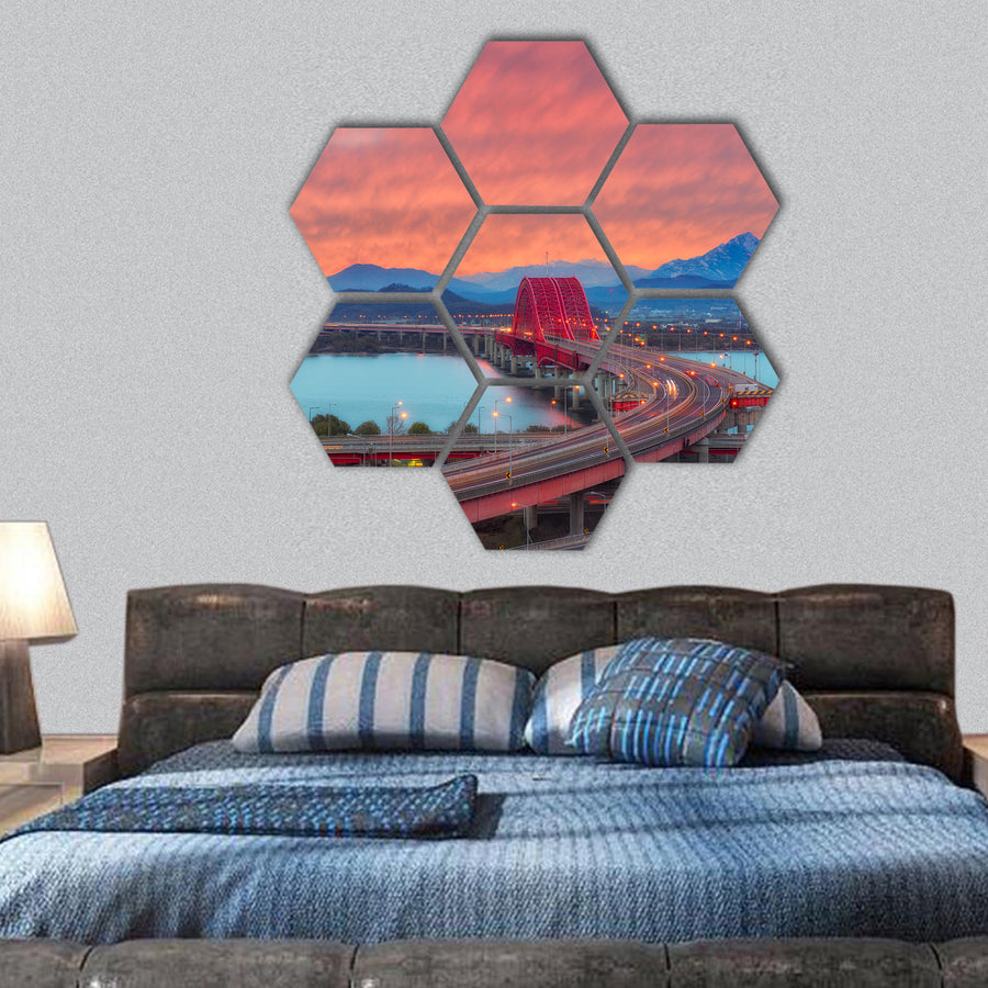 The sun set of Banghwa bridge Korea hexagonal canvas wall art