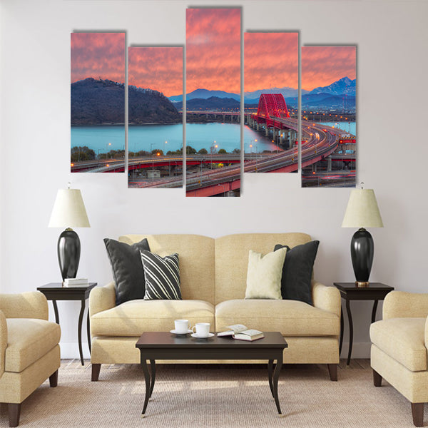 The sun set of Banghwa bridge at seoul Multi panel canvas wall art