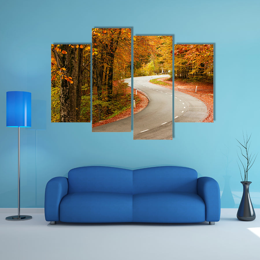 A Curved Road In The Autumnal Forest In The Slovenia Multi Panel Canvas Wall Art