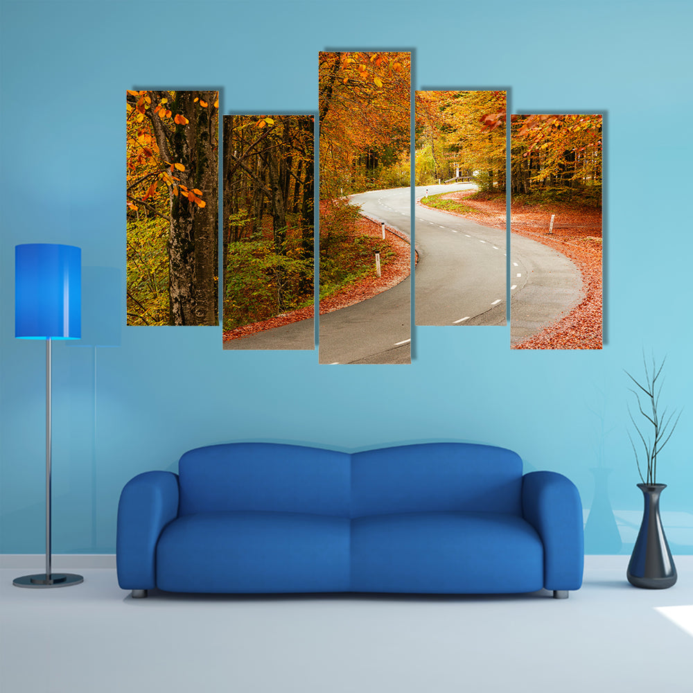 A Curved Road In The Autumnal Forest In The Slovenia Multi Panel Canvas Wall Art