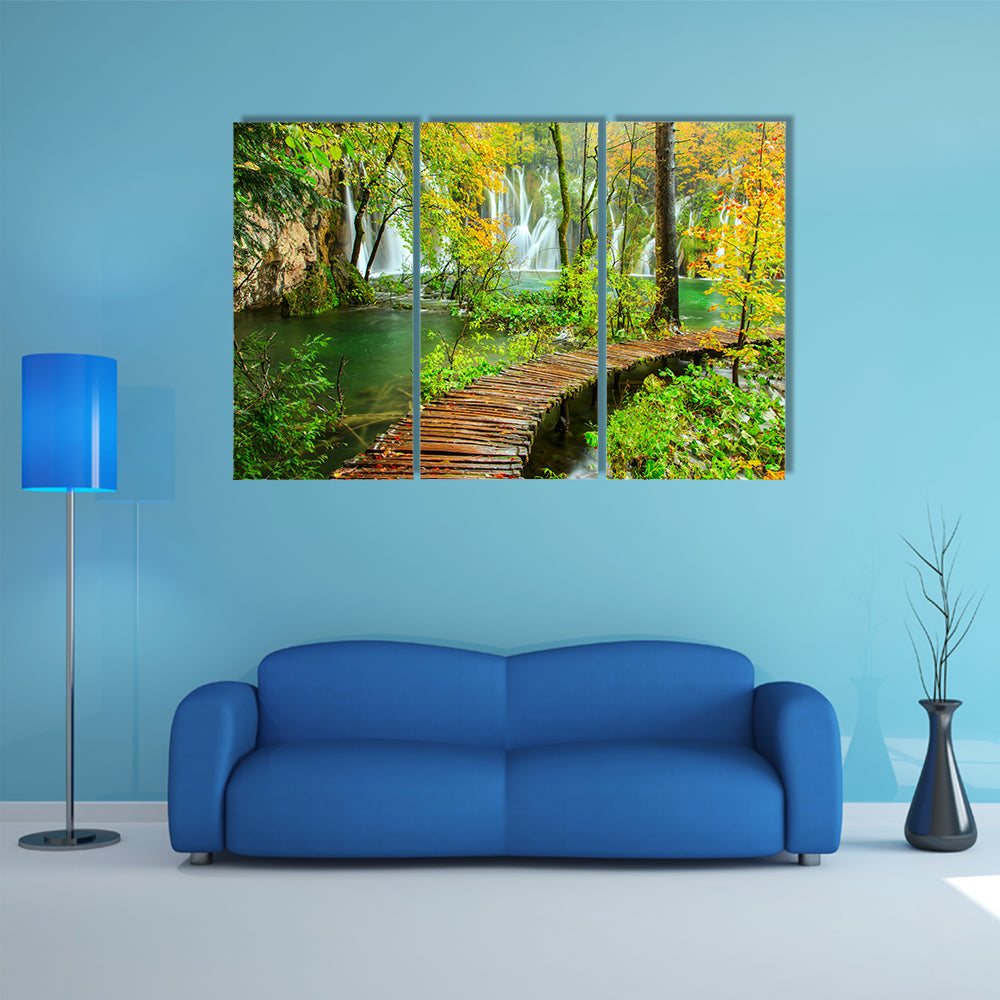 Rainy Day And Wooden Tourist Path In Plitvice Lakes National Park Croatia Multi Panel Canvas Wall Art