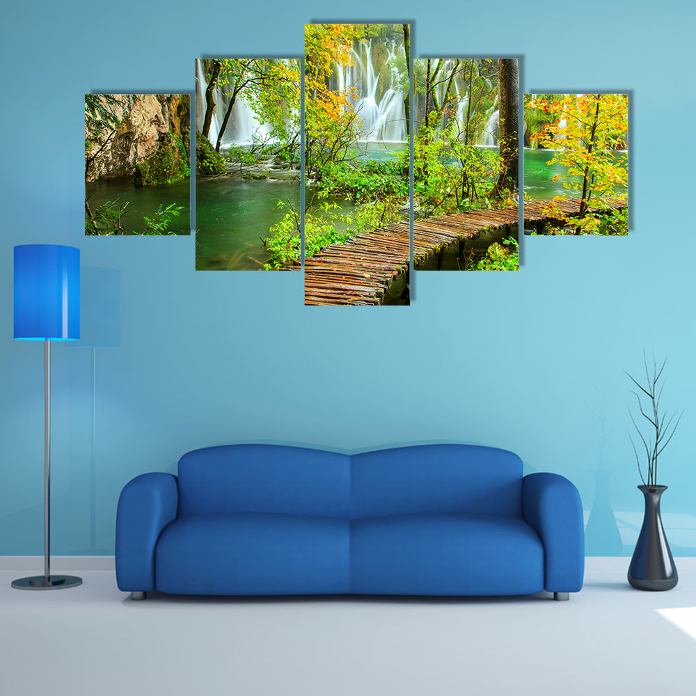 Rainy Day And Wooden Tourist Path In Plitvice Lakes National Park Croatia Multi Panel Canvas Wall Art