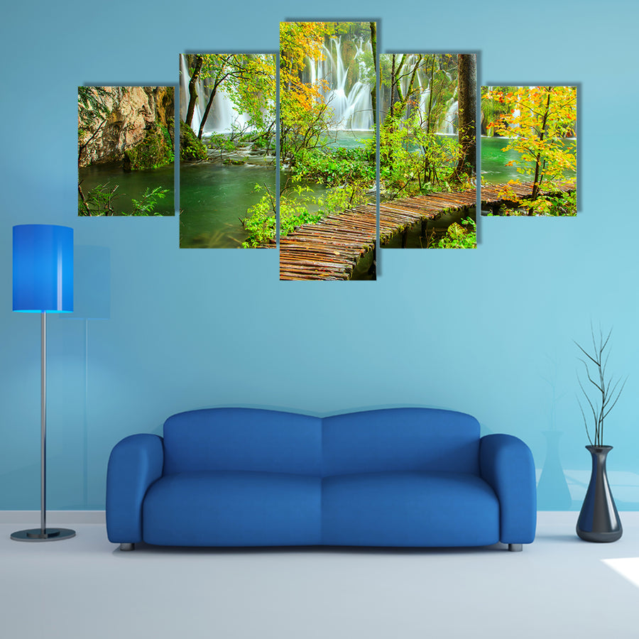 Rainy Day And Wooden Tourist Path In Plitvice Lakes National Park Croatia Multi Panel Canvas Wall Art