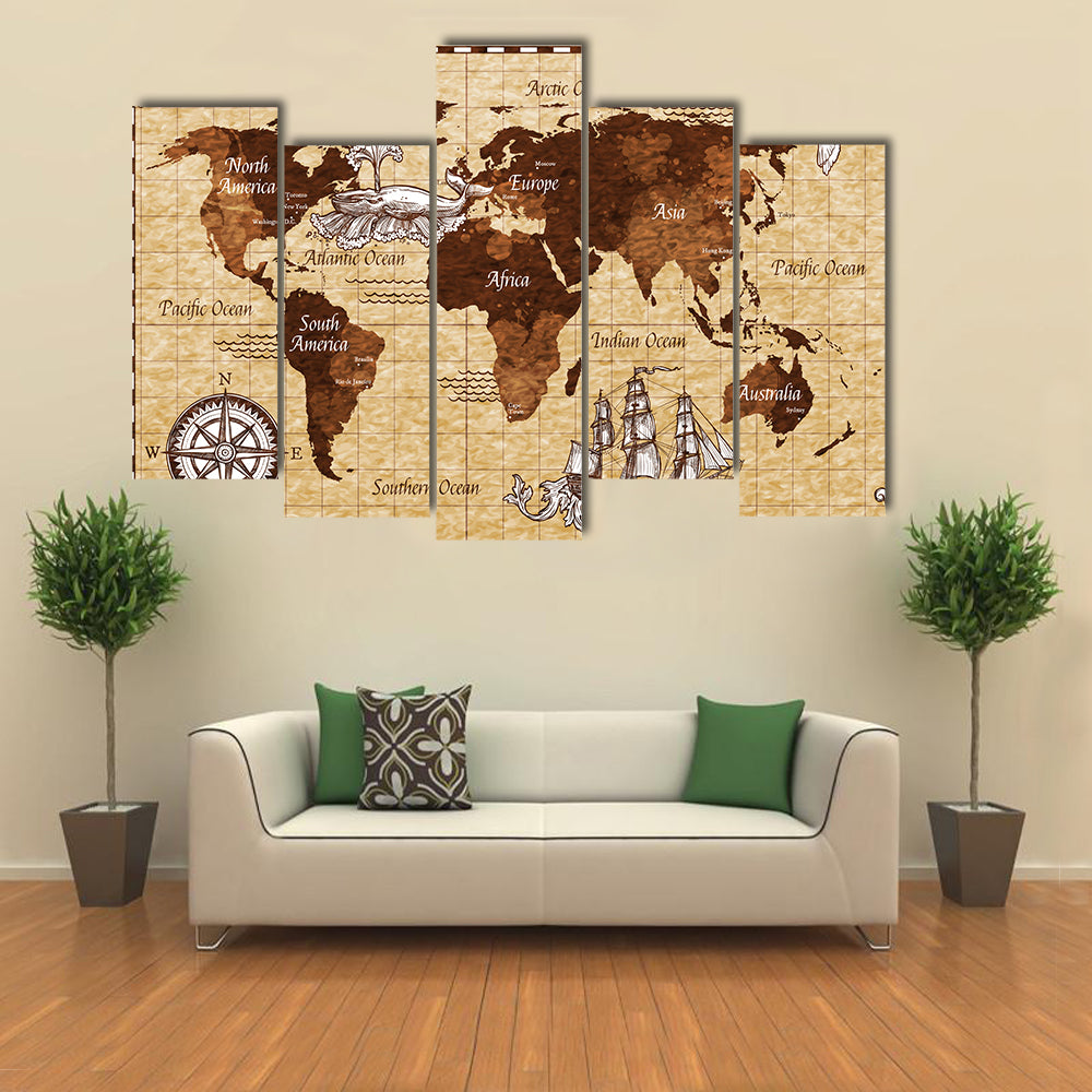 Hand drawn sketch retro world map multi panel canvas wall art