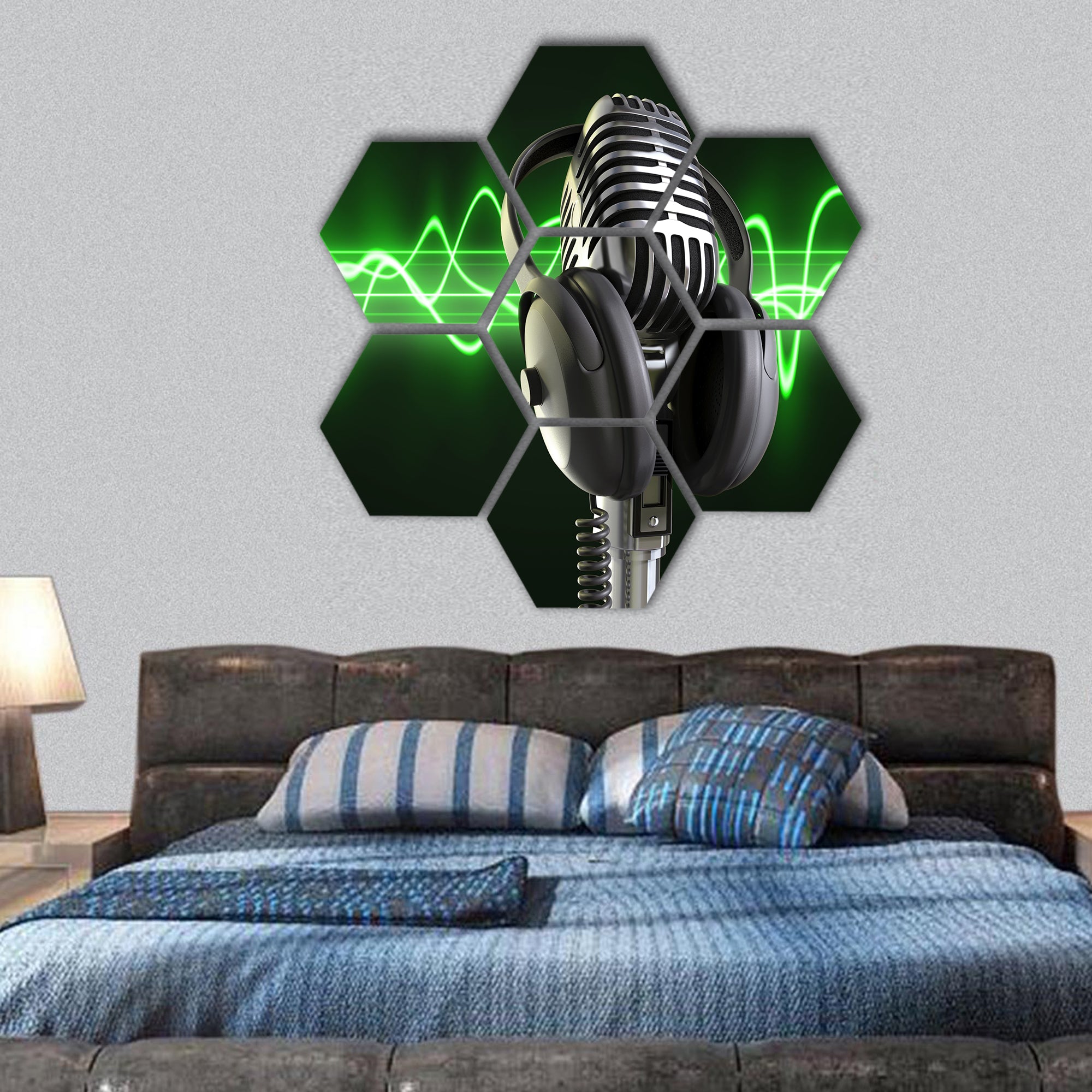 A microphone with headphones on top with a audio wave hexagonal canvas wall art