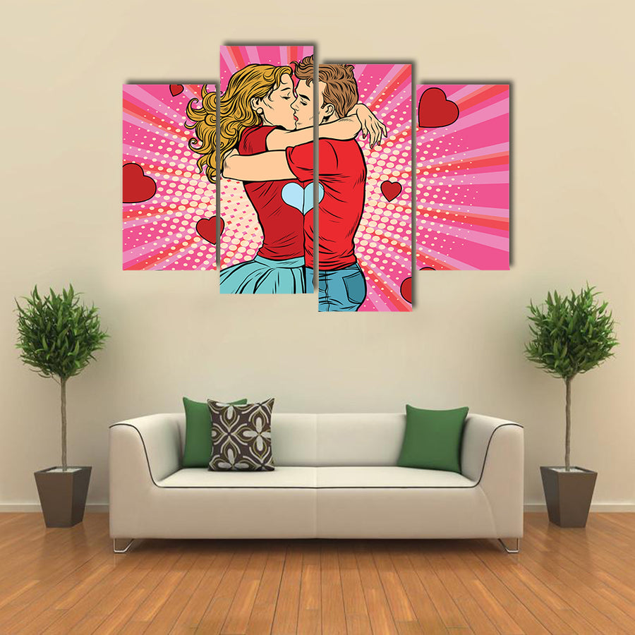 Love couple kiss, boy and girl in Valentine’s Day, Multi Panel Canvas Wall Art