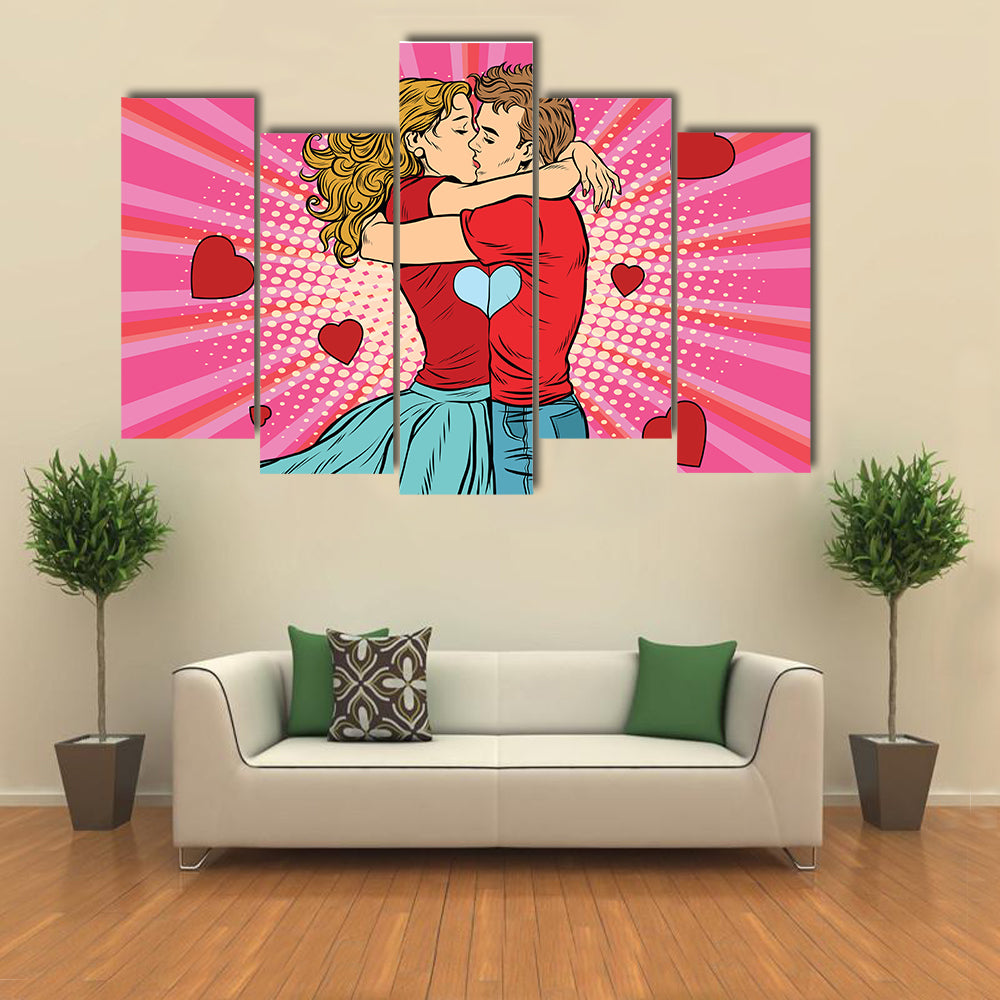 Love couple kiss, boy and girl in Valentine’s Day, Multi Panel Canvas Wall Art