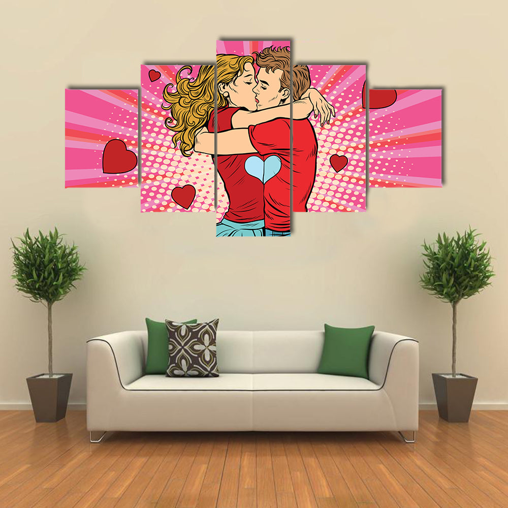 Love couple kiss, boy and girl in Valentine’s Day, Multi Panel Canvas Wall Art