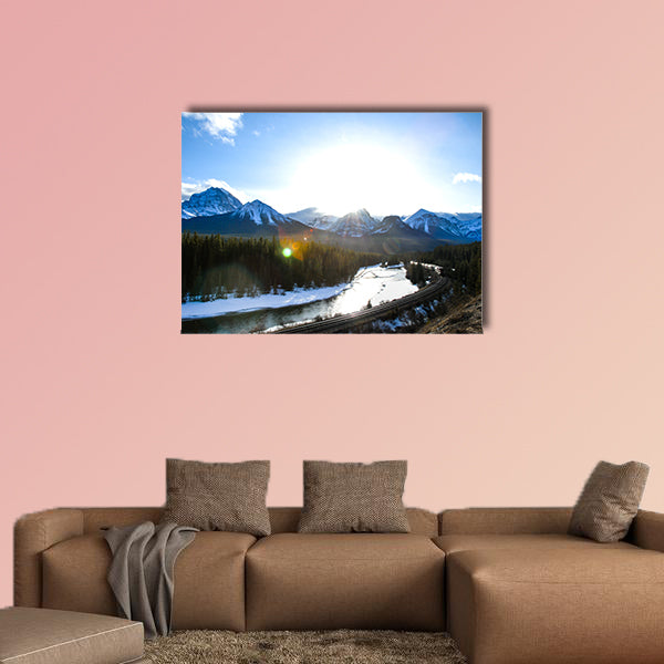 Freight Train Running along Bow River in Winter, Canadian wall art