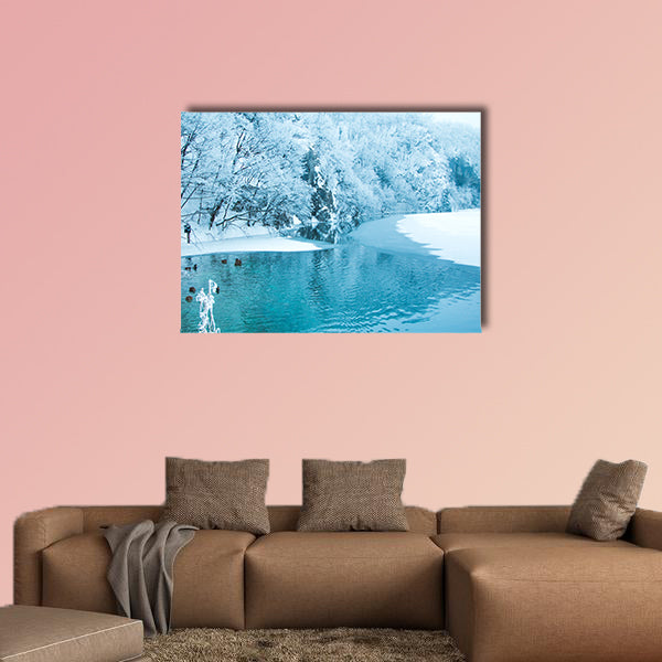 Frozen lake and trees in nature park Plitvice, Croatia Multi panel canvas wall art