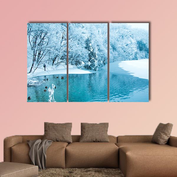 Frozen lake and trees in nature park Plitvice, Croatia Multi panel canvas wall art