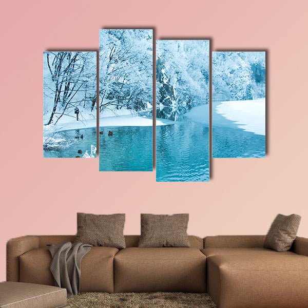 Frozen lake and trees in nature park Plitvice, Croatia Multi panel canvas wall art