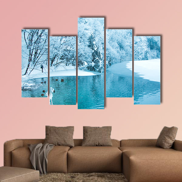 Frozen lake and trees in nature park Plitvice, Croatia Multi panel canvas wall art