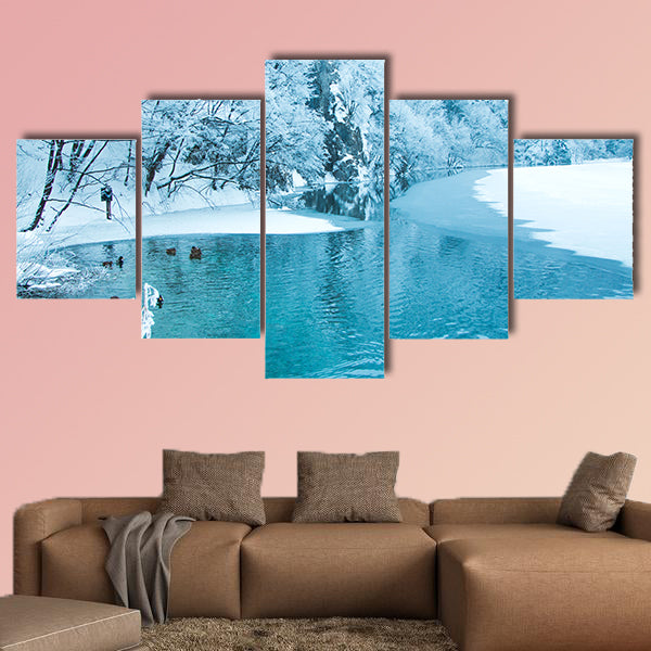 Frozen lake and trees in nature park Plitvice, Croatia Multi panel canvas wall art