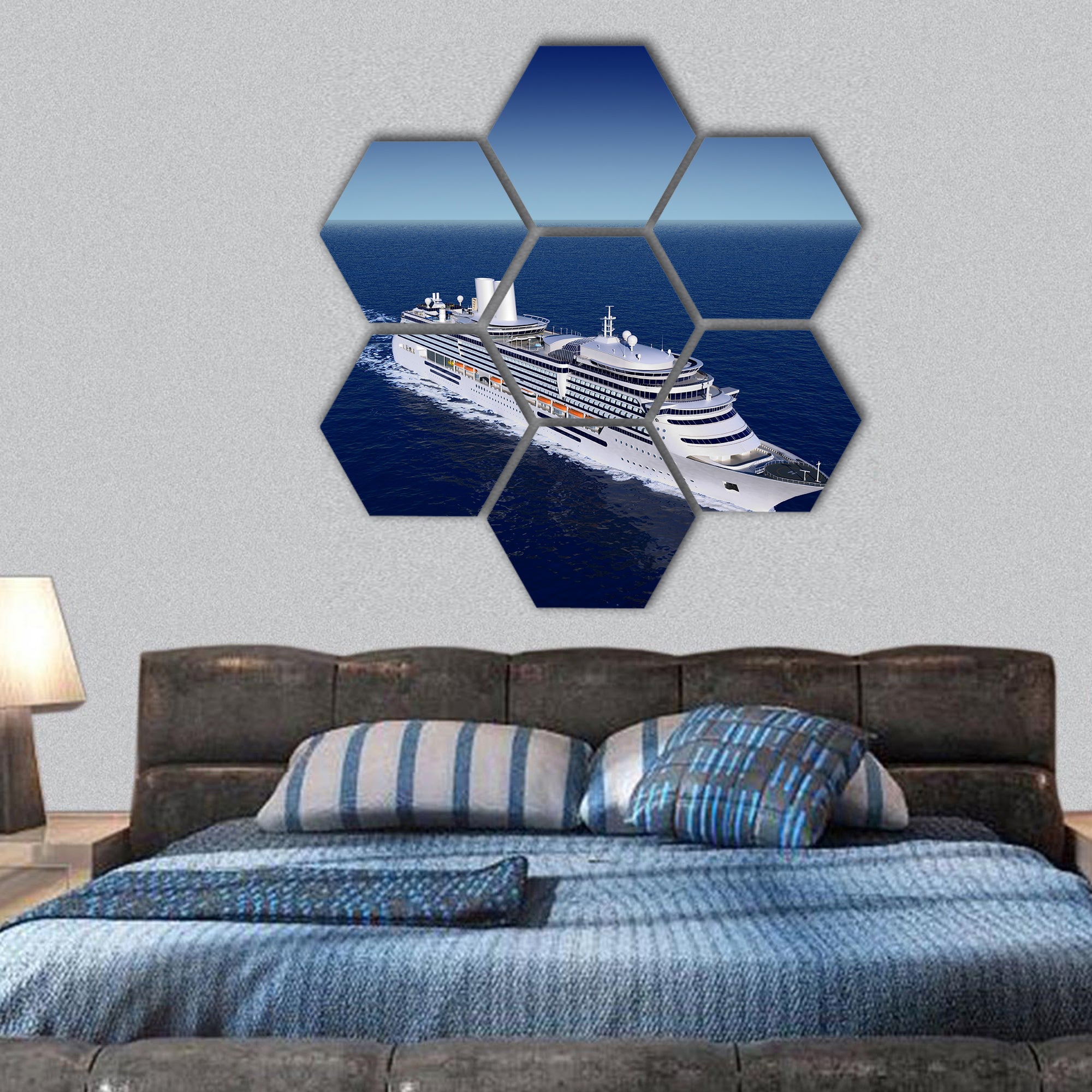 white cruise ship shot from air on a clear day hexagonal canvas wall art