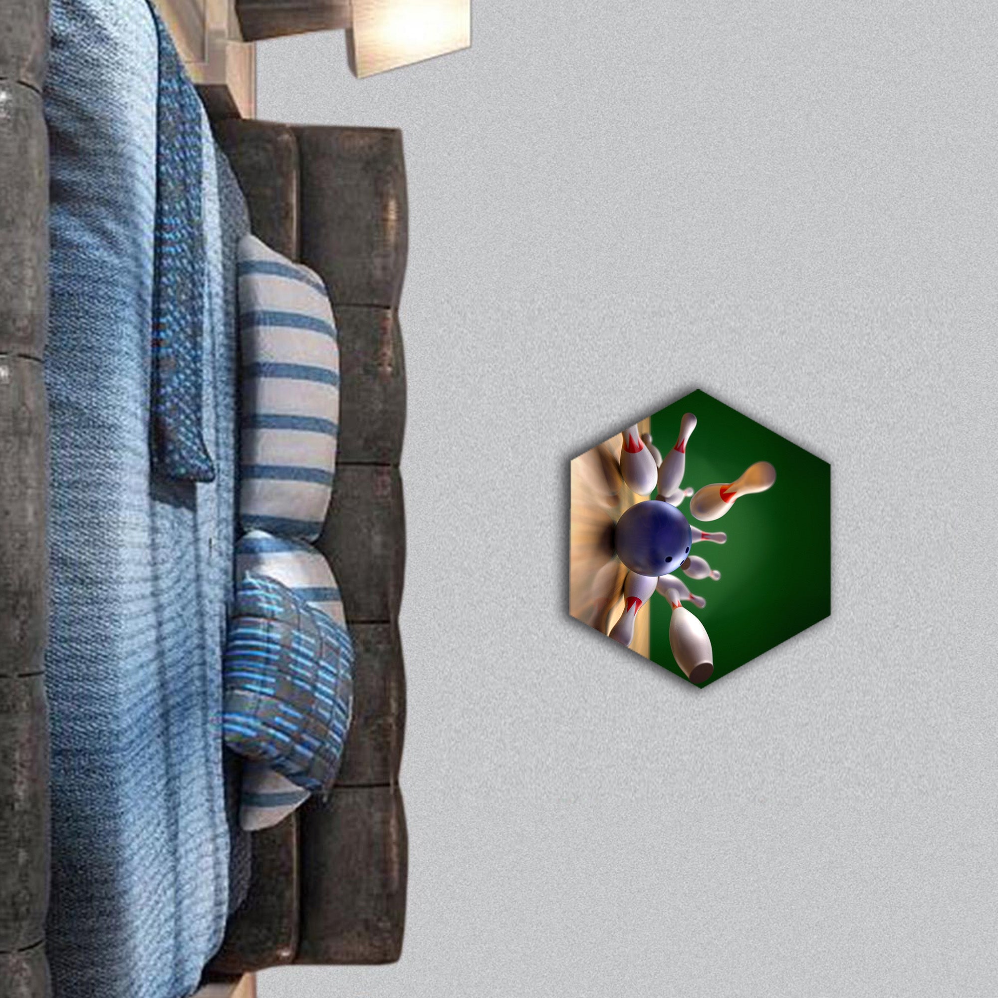 Bowling ball crashing into the pins hexagonal canvas wall art