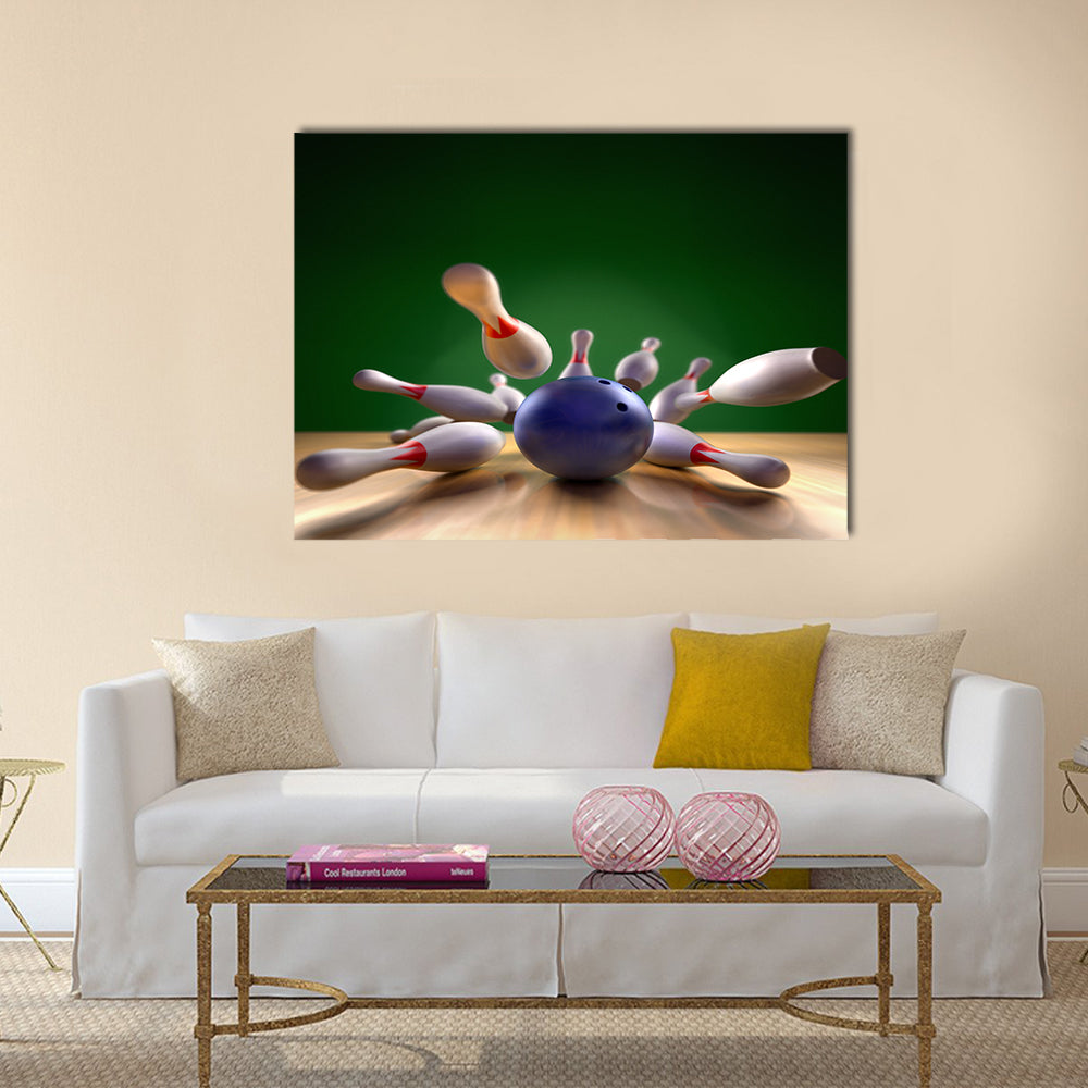 A fun 3d render of a bowling ball crashing into the pins Multi panel canvas wall art