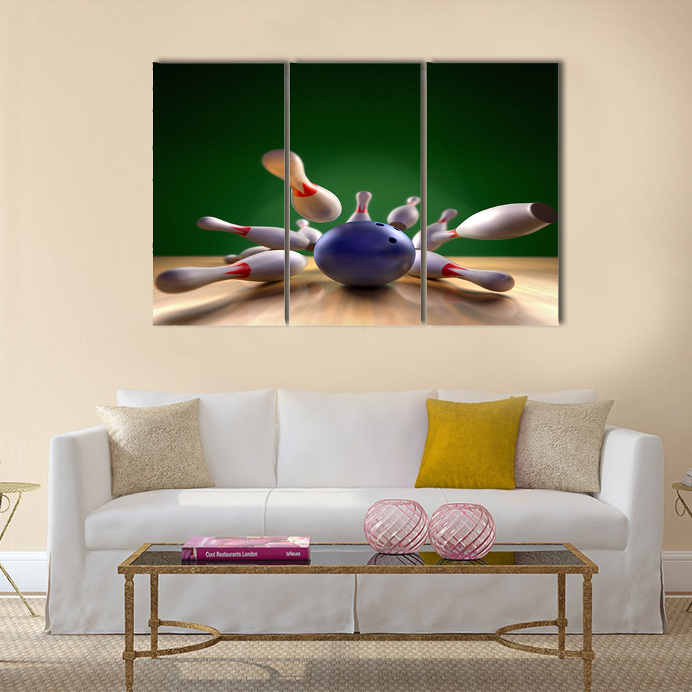 A fun 3d render of a bowling ball crashing into the pins Multi panel canvas wall art