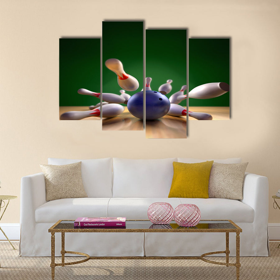 A fun 3d render of a bowling ball crashing into the pins Multi panel canvas wall art