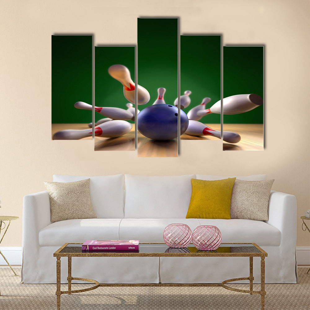 A fun 3d render of a bowling ball crashing into the pins Multi panel canvas wall art