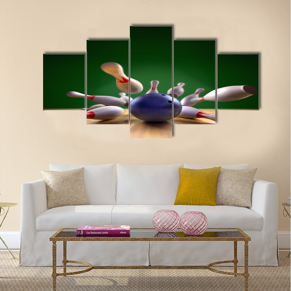 A fun 3d render of a bowling ball crashing into the pins Multi panel canvas wall art
