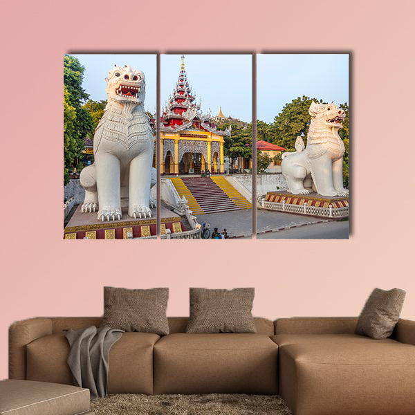 Mandalay, Myanmar, Southern stairway with its magnificent guardian multi panel canvas wall art