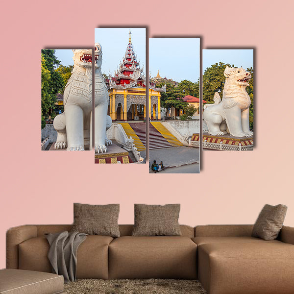 Mandalay, Myanmar, Southern stairway with its magnificent guardian multi panel canvas wall art