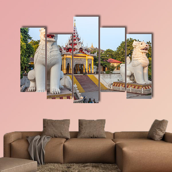 Mandalay, Myanmar, Southern stairway with its magnificent guardian multi panel canvas wall art
