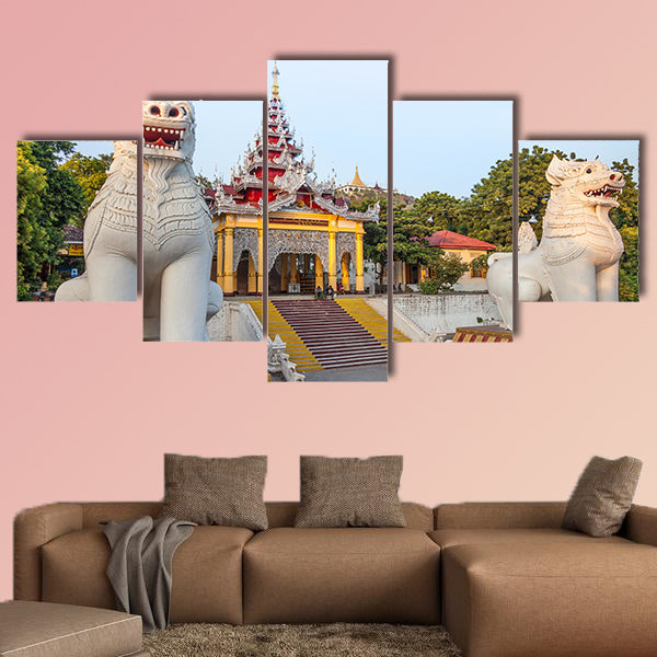 Mandalay, Myanmar, Southern stairway with its magnificent guardian multi panel canvas wall art