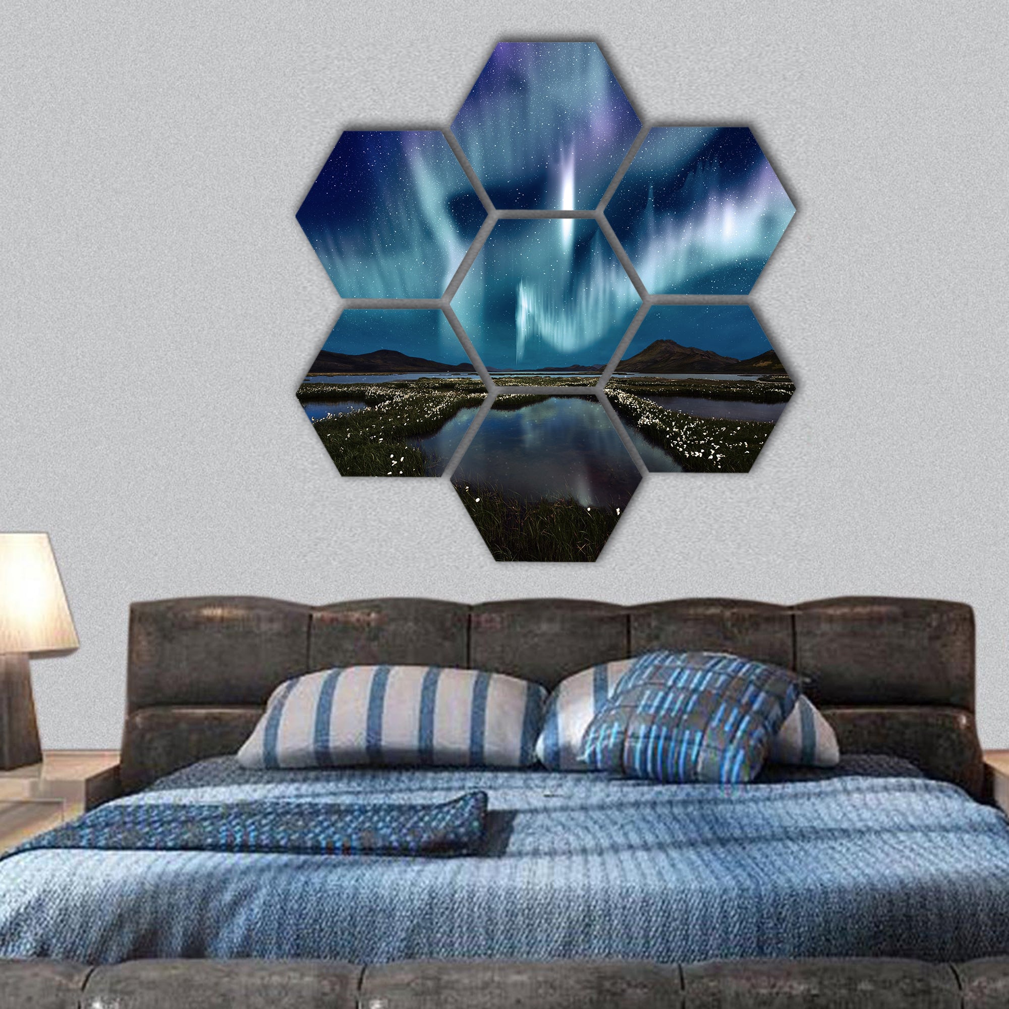 Illuminated face of the Earth in space hexagonal canvas wall art