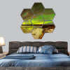 Aurora Borealis glows over a frozen lake hexagonal canvas wall art