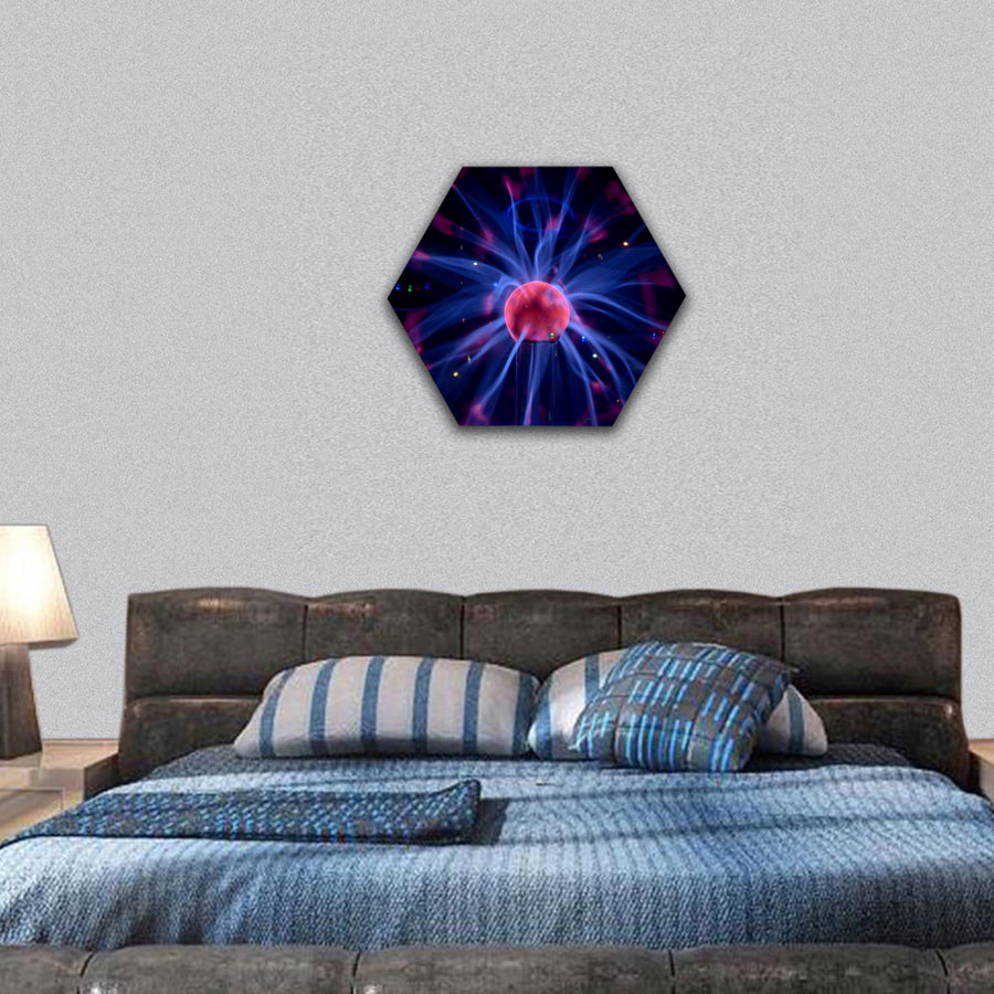 Plasma Tesla reactor orb in a dark blue hexagonal canvas wall art