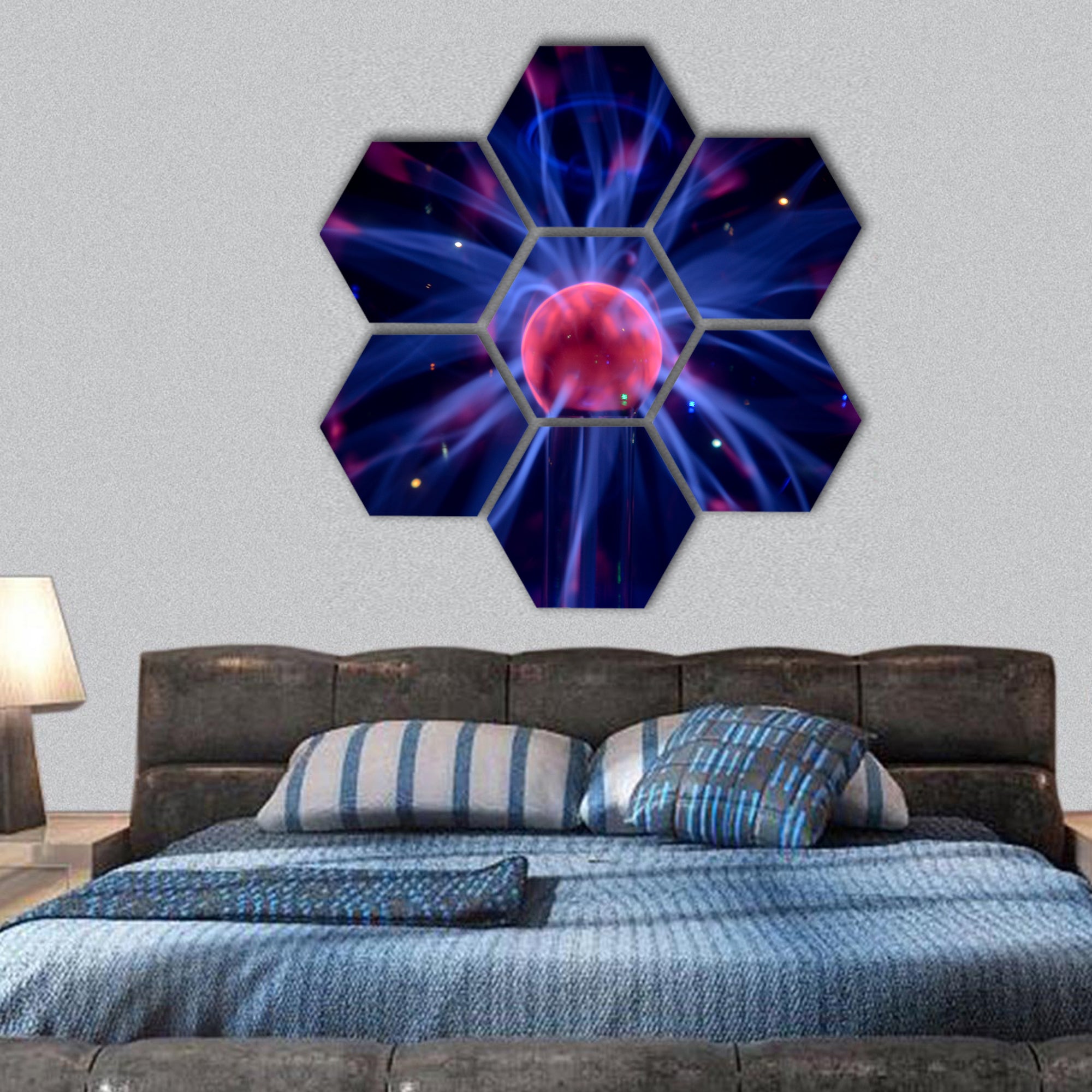 Plasma Tesla reactor orb in a dark blue hexagonal canvas wall art