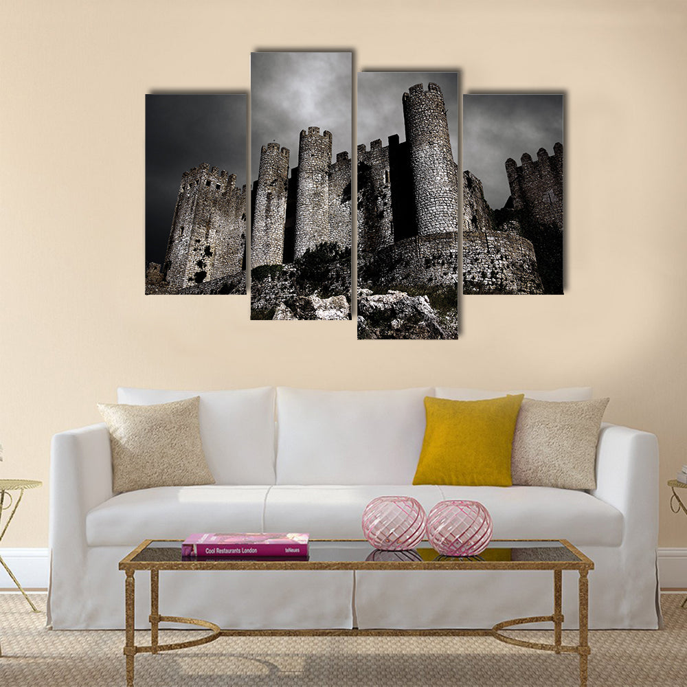 Disturbing scene with medieval castle at night with stormy sky Multi Panel Canvas Wall Art