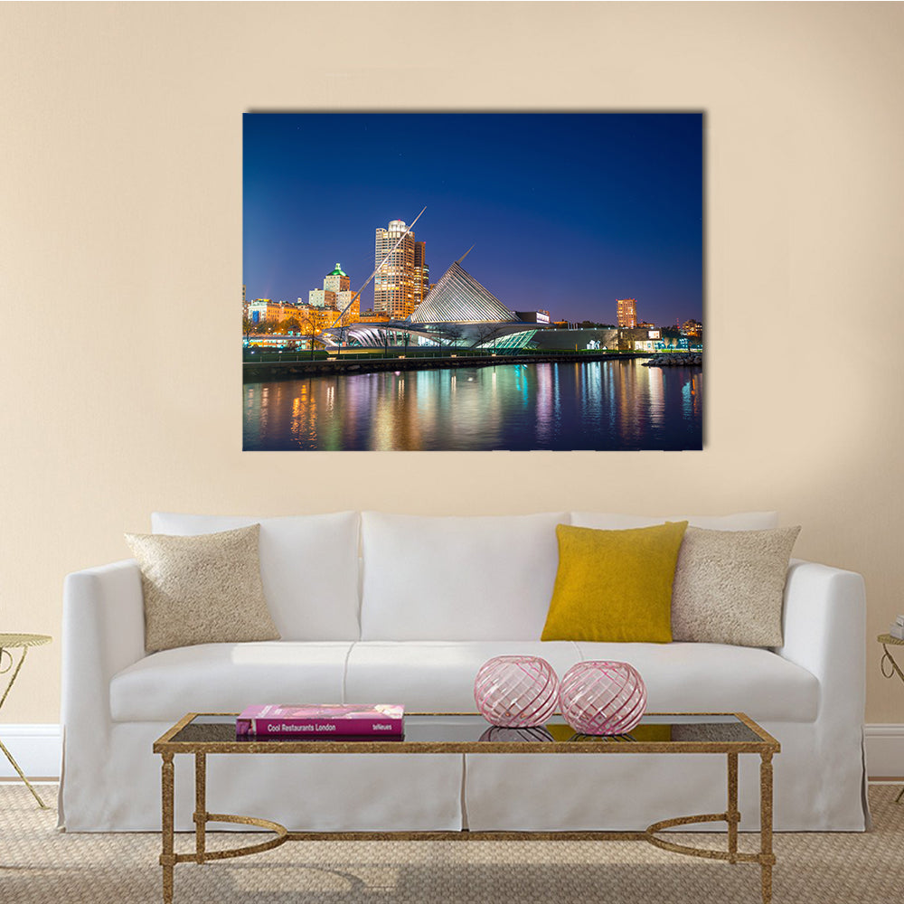 The Milwaukee Skyline At Twilight In Lake Michigan And Harbor Pier Multi Panel Canvas Wall Art