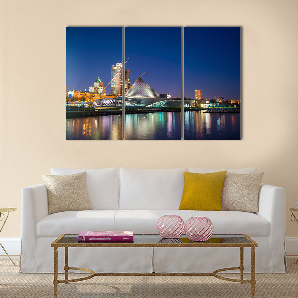 The Milwaukee Skyline At Twilight In Lake Michigan And Harbor Pier Multi Panel Canvas Wall Art