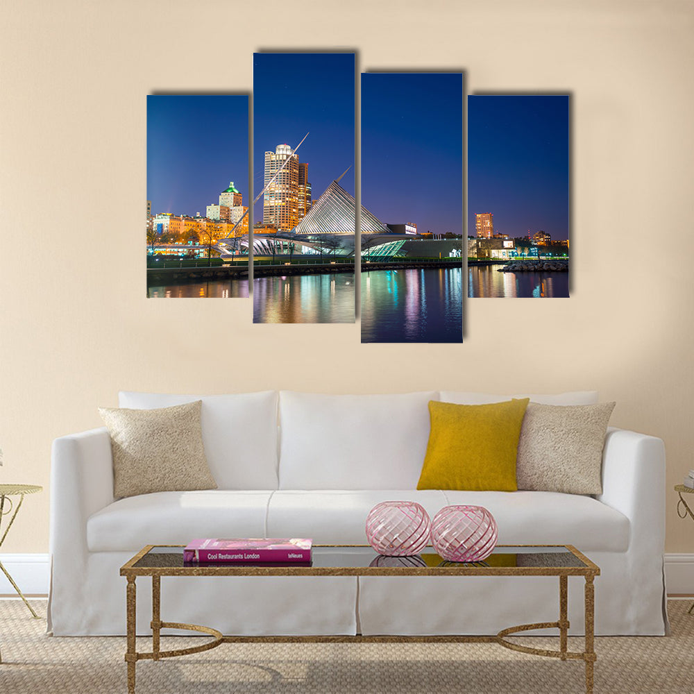 The Milwaukee Skyline At Twilight In Lake Michigan And Harbor Pier Multi Panel Canvas Wall Art