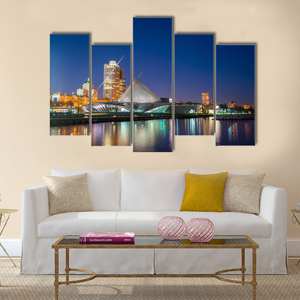 The Milwaukee Skyline At Twilight In Lake Michigan And Harbor Pier Multi Panel Canvas Wall Art