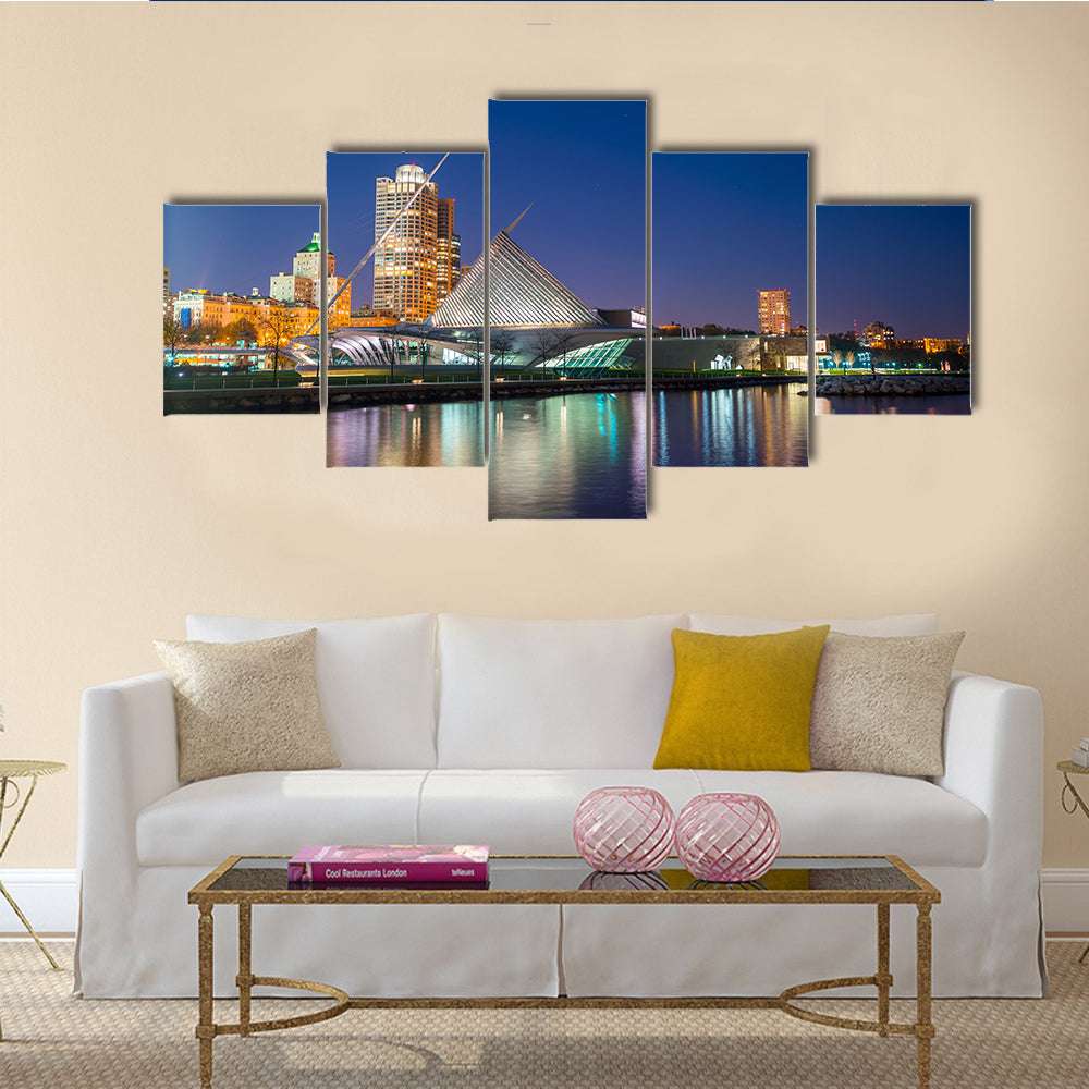 The Milwaukee Skyline At Twilight In Lake Michigan And Harbor Pier Multi Panel Canvas Wall Art