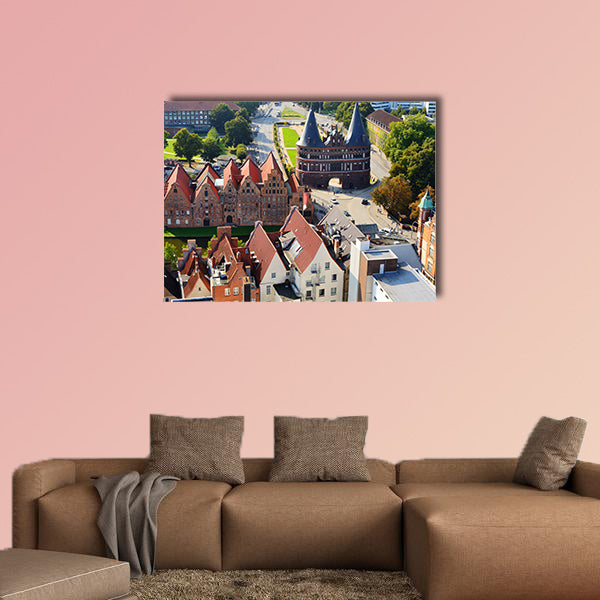 Aerial view of Salzspeicher and Holstentor Gate in Lubeck, wall art